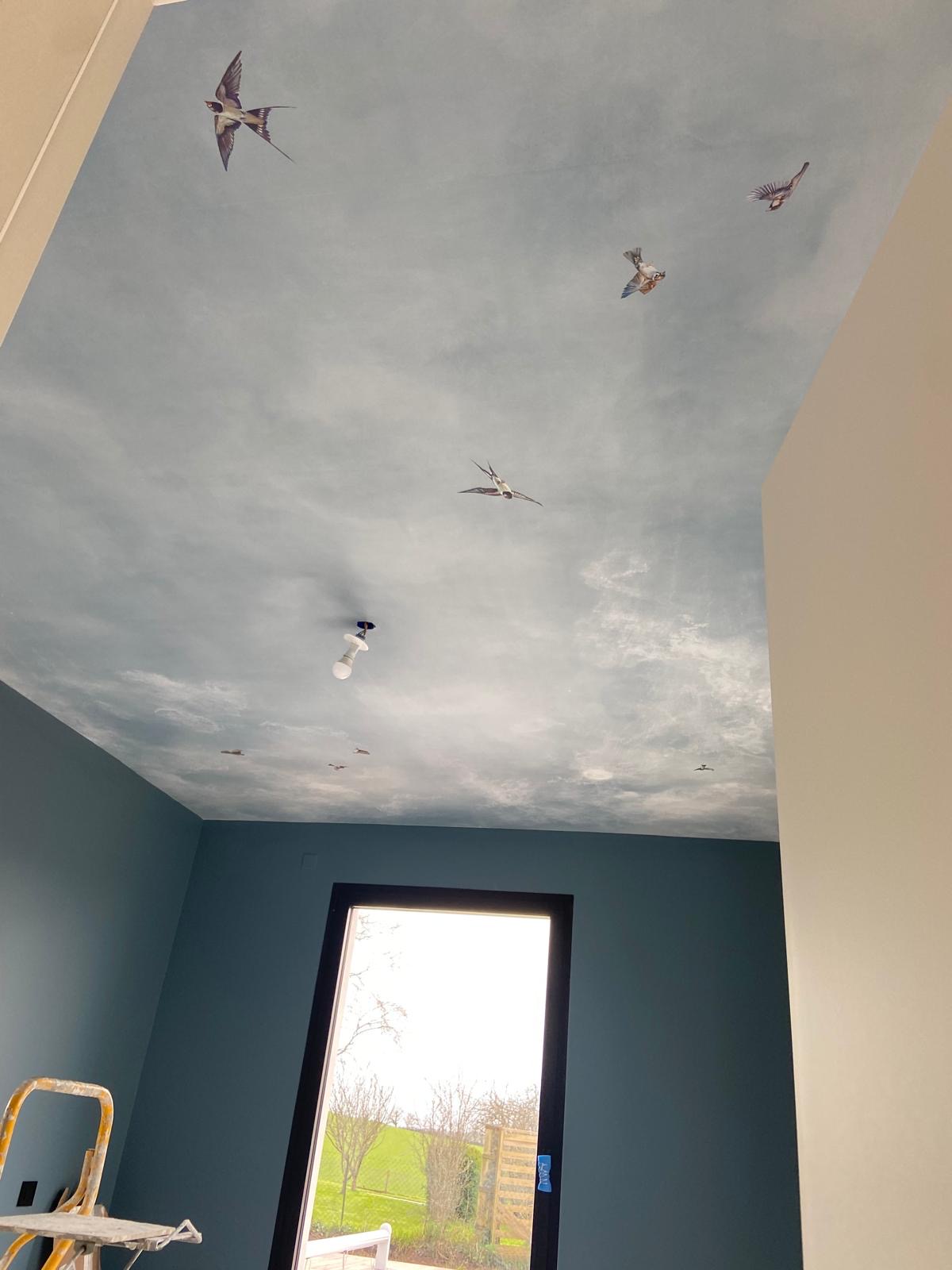 Pose d'un panoramique sur le plafond d'une chambre. Décors ciel avec oiseaux